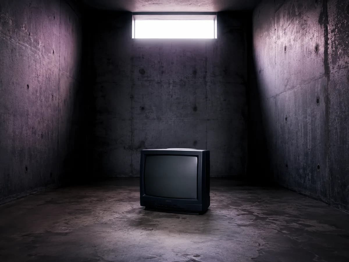 Stará televize v tlumeně osvětleném betonovém prostoru, ilustrační obrázek k článku